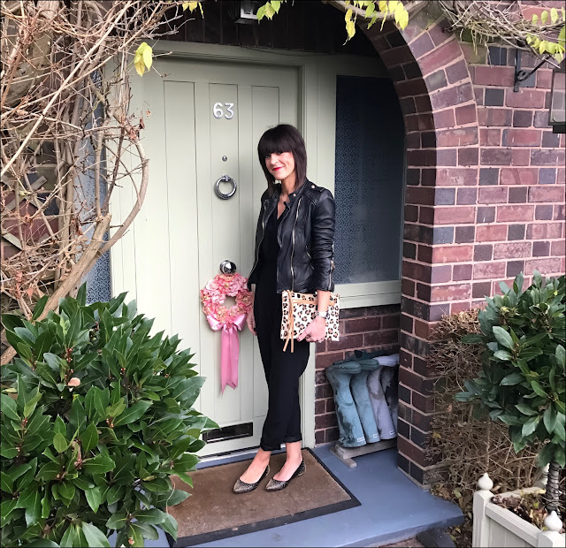 My Midlife Fashion, Zara leather biker jacket, boden studded pointed flat shoes, village england thurlaston, great plains tuxedo jumpsuit