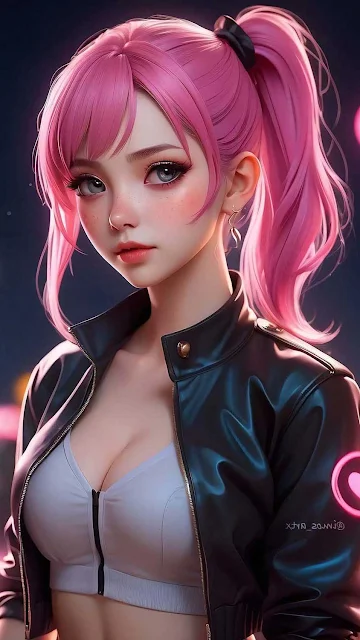 Phone Wallpaper: Girl, Pink, Hair, Beautiful, Cute, Artwork