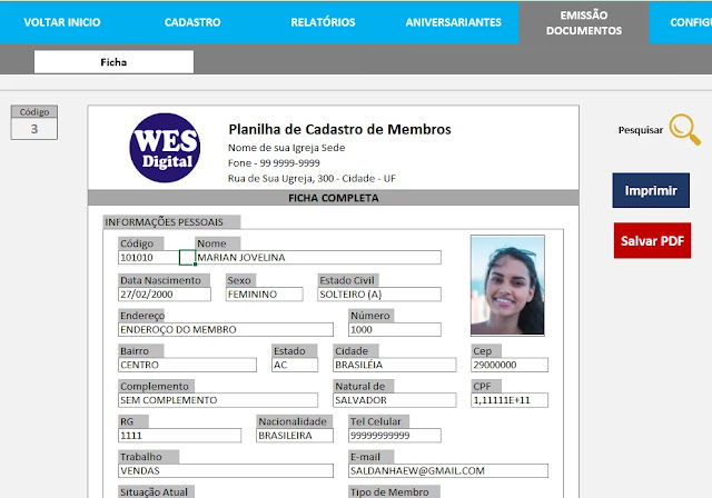 Cabeçalho Ficha Planilha Cadastro Membros Grátis