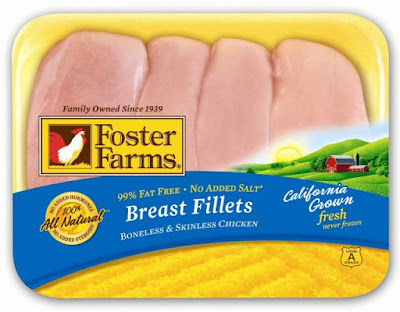 A tray of Foster Farms "natural" chicken breasts fillets.