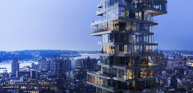 Rendering of 56 Leonard Street by Herzog & De Meuron at night and New York City in the background