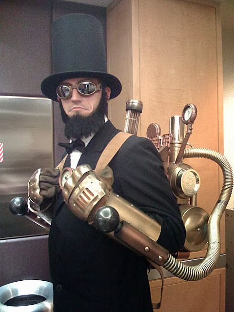 steampunk clothing, mens clothing, top hat, goggles, jetpack