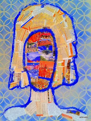 Holiday on my mind' mixed media collage,  paper and ink on board paper:   miabo enyadike