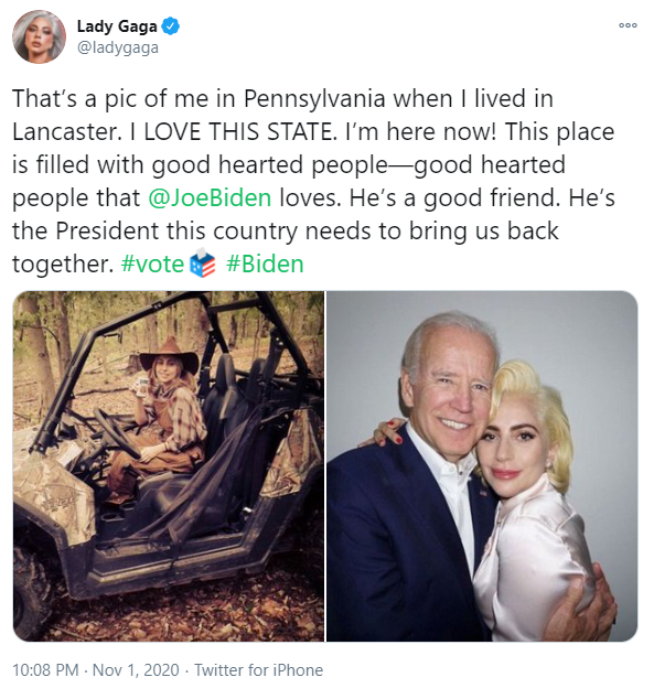 Joe Biden, announced that Lady Gaga will participate with him on Monday in a campaign meeting during which the audience will be in cars on the Drive-in manner in Pittsburgh, Pennsylvania.