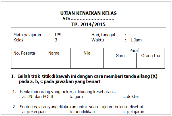 Soal UKK IPS Kelas 3 SD KTSP Semester Genap/2 TP. 2014/2015