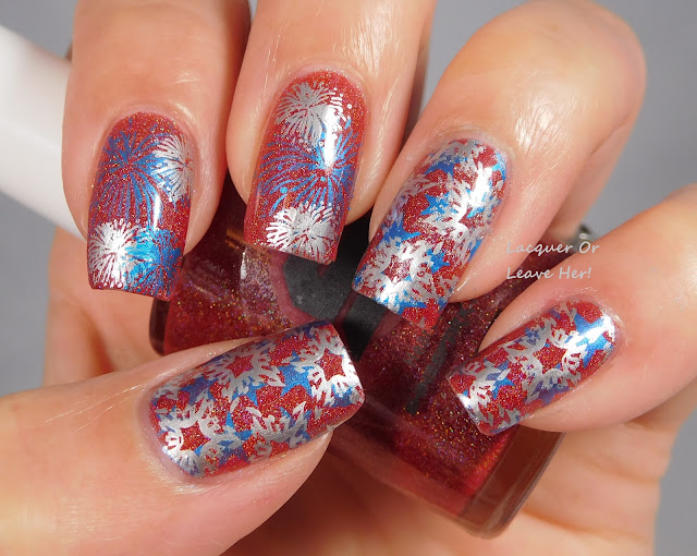 UberChic Beauty Fourth of July mini plate over Shinespark Polish Heart Of A Hero, stamped with Hit The Bottle Polish Blue-tiful and Messy Mansion Sterling