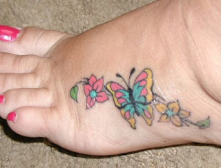 Feminine Tattoos - Butterfly with Flowers Tattoo Design on Feet