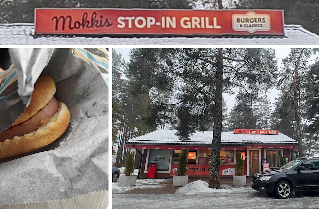 Kuvakollaasi. Ylhäällä Mokkis Stop-In Grill -kyltti. Vasemmalla Porilainen kurkistaa paperien välistä. Oikealla alhaalla ulkokuva punaisesta grilli-rakennuksesta.