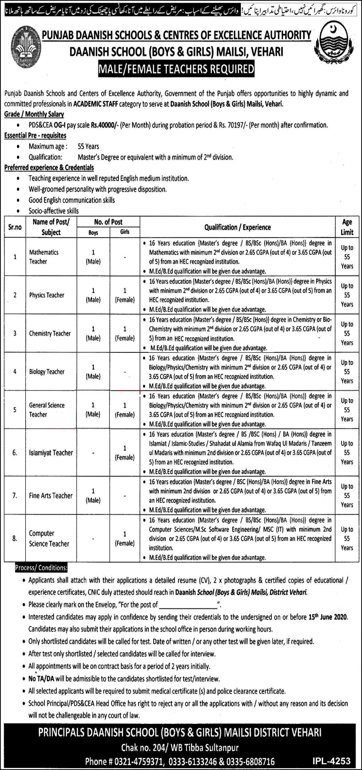 Punjab Daanish School (Boys & Girls) Jobs