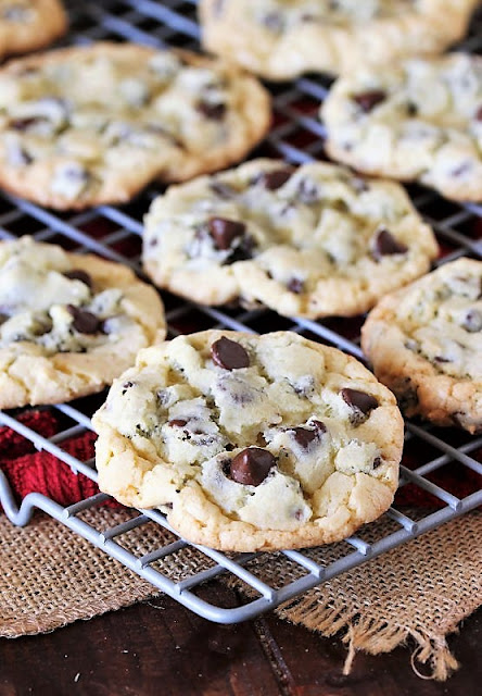 Chocolate Chip Cake Mix Cookies on Cooling Rack Image