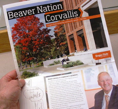 Glossy newspaper Beaver Nation Corvallis Fall 2015 received in U.S. mail 12/8/15 - cover shows President Ed Ray and next page Corvallis livability index