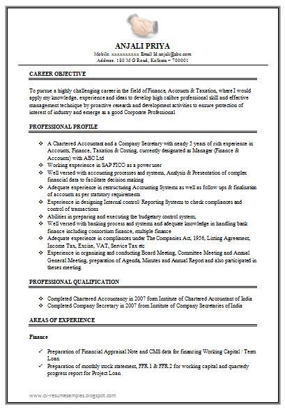 Excellent Work Experience Chartered Accountant Resume Sample Doc