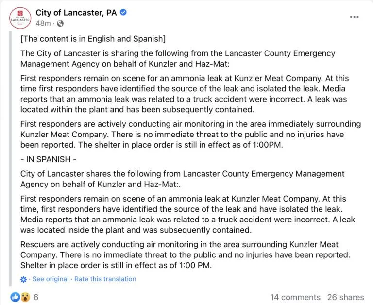Shelter in Place Order for Hazardous Material Incident in Lancaster City, PA