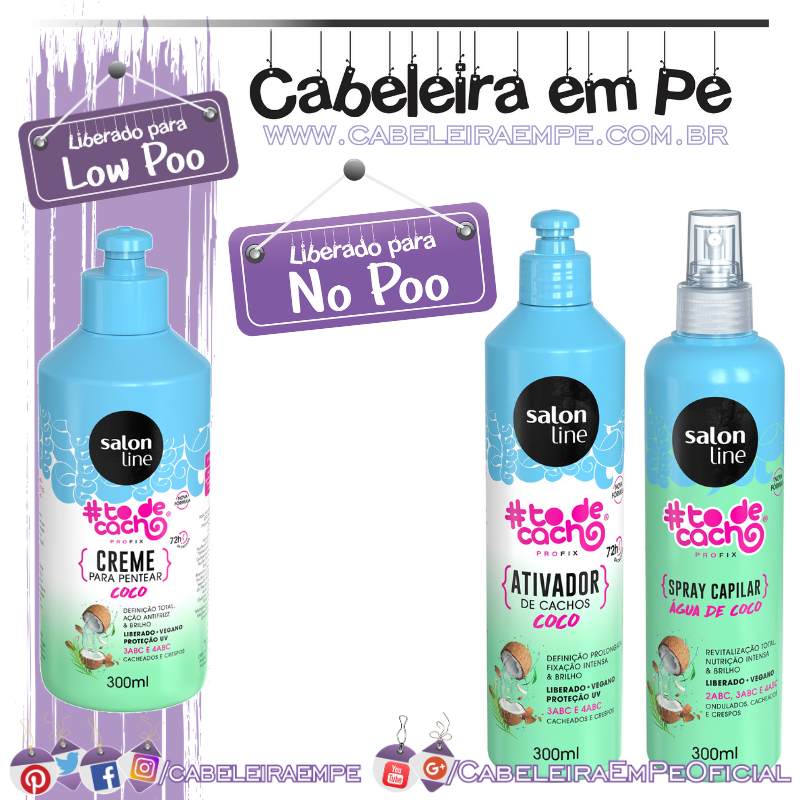 Creme para Pentear (Liberado para Low Poo), Ativador de Cachos e Spray Capilar (Liberados para No Poo) #todecacho Coco - Salon Line