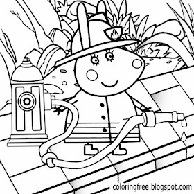 Black and white clipart Peppa pig cartoon fireman printable easy pictures to coloring for young kids