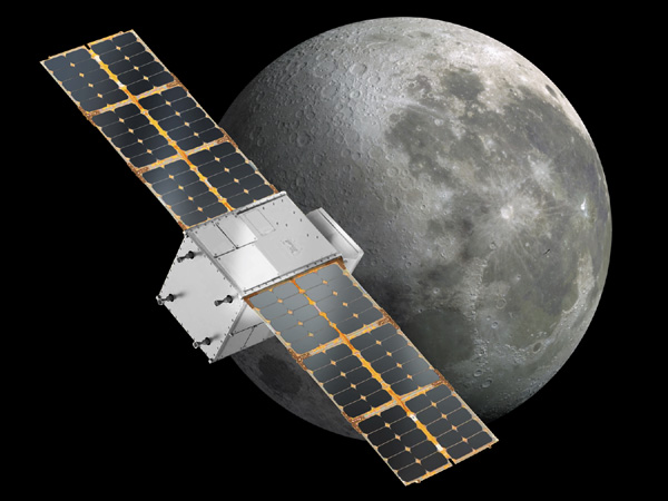 An artist's concept of NASA's CAPSTONE spacecraft orbiting the Moon.