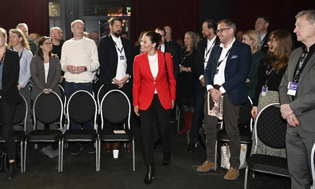 Crown Princess Victoria wore a red blazer with gold buttons by Acne Studio, Ralph Lauren, By Malina