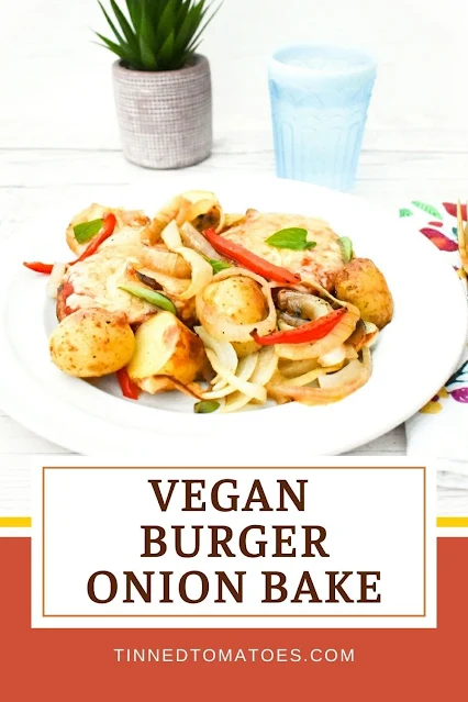 Vegan burger onion bake is a super simple one-tray meal. Vegan burgers are roasted with vegetables before they are topped with a tasty sauce and cheese, then popped back in the oven to finish off.