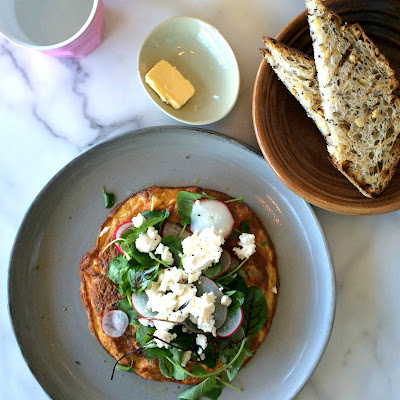 The Greens North Sydney | Wild Mushroom & quinoa omelette with marinated feta, cress, white truffle oil and toasted sourdough