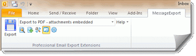 Export Outlook mail automatically using the MessageExport add-in. This image shows the MessageExport toolbar in Outlook 2010.