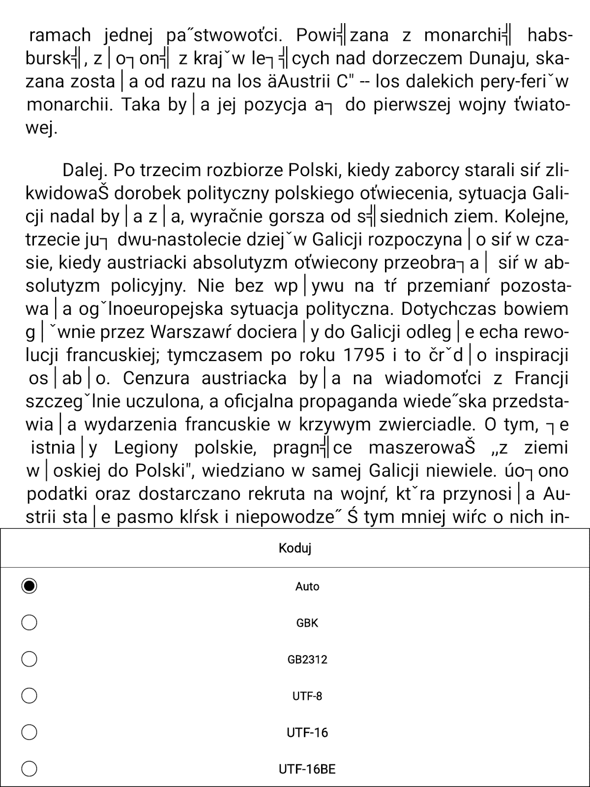 Wybór kodowania tekstu w aplikacji Xreaderna PocketBook InkPad X Pro