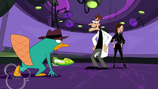 Agent P, Doutor Heinz Doofenshimirtz e Vanessa Doofenshimirtz, personagens do desenho animado Phineas e Ferb