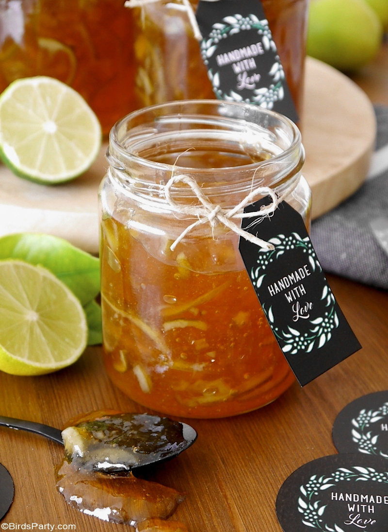 Homemade Lime Marmalade Recipe & Printable Gift Tags - easy and inexpensive, edible Christmas gift idea, perfect for hampers or a Holiday cheese board! by BirdsParty.com @birdsparty #marmelade #limes #limemarmelade #citrusrecipe #recipe #ediblegifts #christmashamper #christmasgifts #handmadegifts #homemadegifts #ediblechristmasgifts