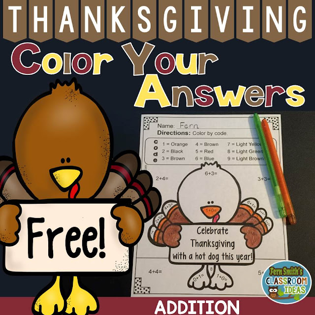 Thanksgiving Color By Number Addition Freebie by Fern Smith's Classroom Ideas