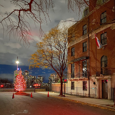 Christmas tree, lighted, overlooking East River