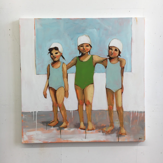 oil painting of girl swimmers, girl power