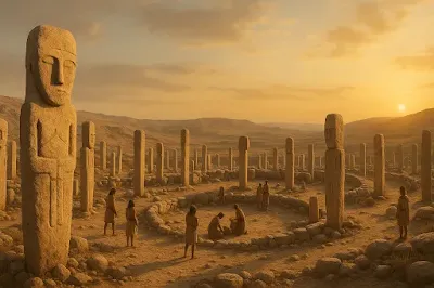 Reconstitution du sanctuaire néolithique de Karahan Tepe au lever du soleil Vue panoramique du site de Karahan Tepe vers 9500 av. J.-C., avec ses obélisques anthropomorphes disposés en cercle et des figures humaines en rituel.