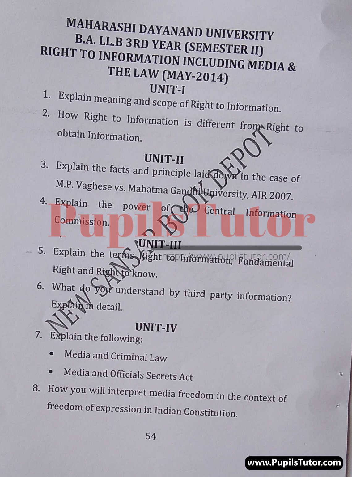 MDU (Maharshi Dayanand University, Rohtak Haryana) LLB Regular Exam (Hons.) Second Semester Previous Year Right To Information Including Media And The Law Question Paper For May, 2014 Exam (Question Paper Page 1) - pupilstutor.com