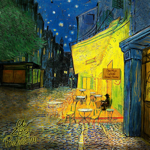 Based on a Van Gogh's Terrace at Night, a starry night on a cobbled street, feathery dark trees, and golden light spilling from the windows of a street cafe with only one solitary customer, a silhouette looking a lot like a detective in a trench coat and trilby.