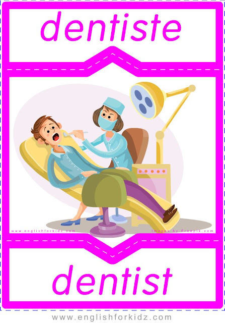 dentist in French, dentiste en anglais, English-French professions flashcards