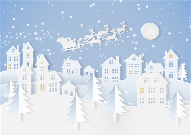 A digital image of santa and reindeer flying over houses. The image is in the style of paper cut out.