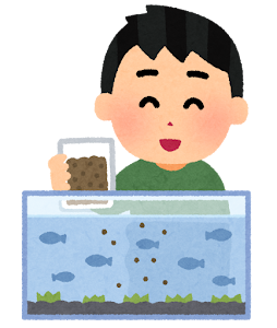 ペットの魚に餌を上げる人のイラスト（男性）