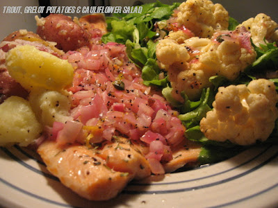 pink trout shallots grelot potatoes roasted cauliflower boston lettuce salad