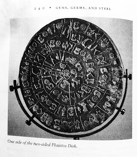Page 240. One side of the two-sided Phaistos Disk. Jared Diamond. Guns, Germs, and Steel. All tables and figures.