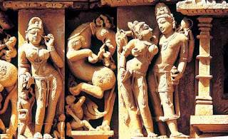 Vishnu and Lakshmi in loving embrace; Temple carving from Khajuraho, Madhya Pradesh 