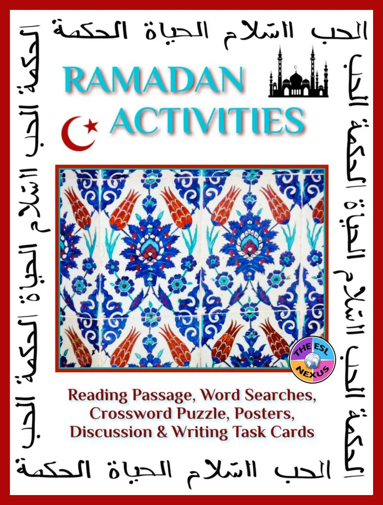 Image of cover of TPT resource about Ramadan, showing a Turkish tile and text explaining what the resource includes