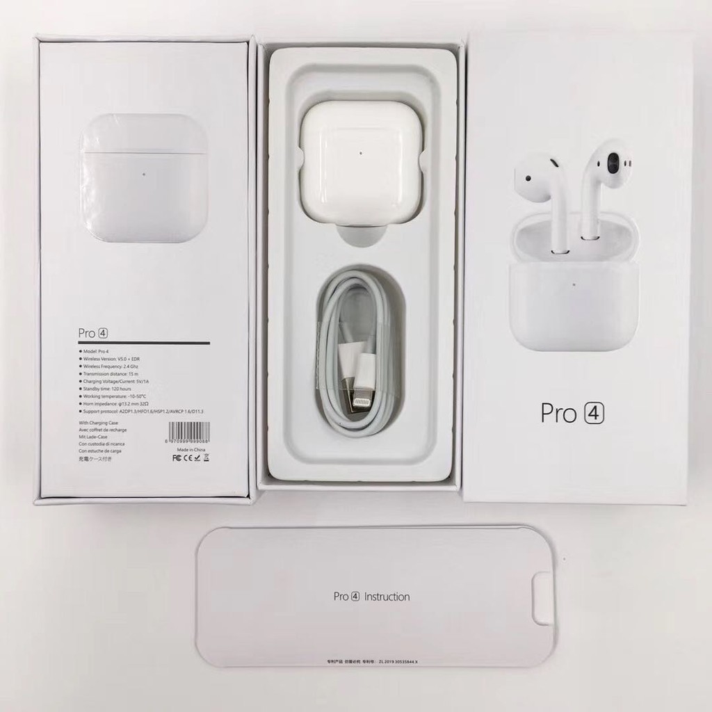Product Name :Airpods pro 4 Wireless B;luetooth Earbuds Size : Smaller than Airpods 2 Play time :3.5-4 Hours Quality : A+ Grade Pop-up window for IOS :Yes Automatically on automatically connected Easy setup for all your apple devices Quick access to Siri by saying hey siri Double tap to play or skip forward Charges quickly in the case Case can be charged using lighting connector Rich high quality audio and voice Seamless switching between devices Good product