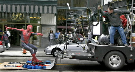 A stunt person plays Spider-Man during filming of 'Spider-Man 3' in Cleveland