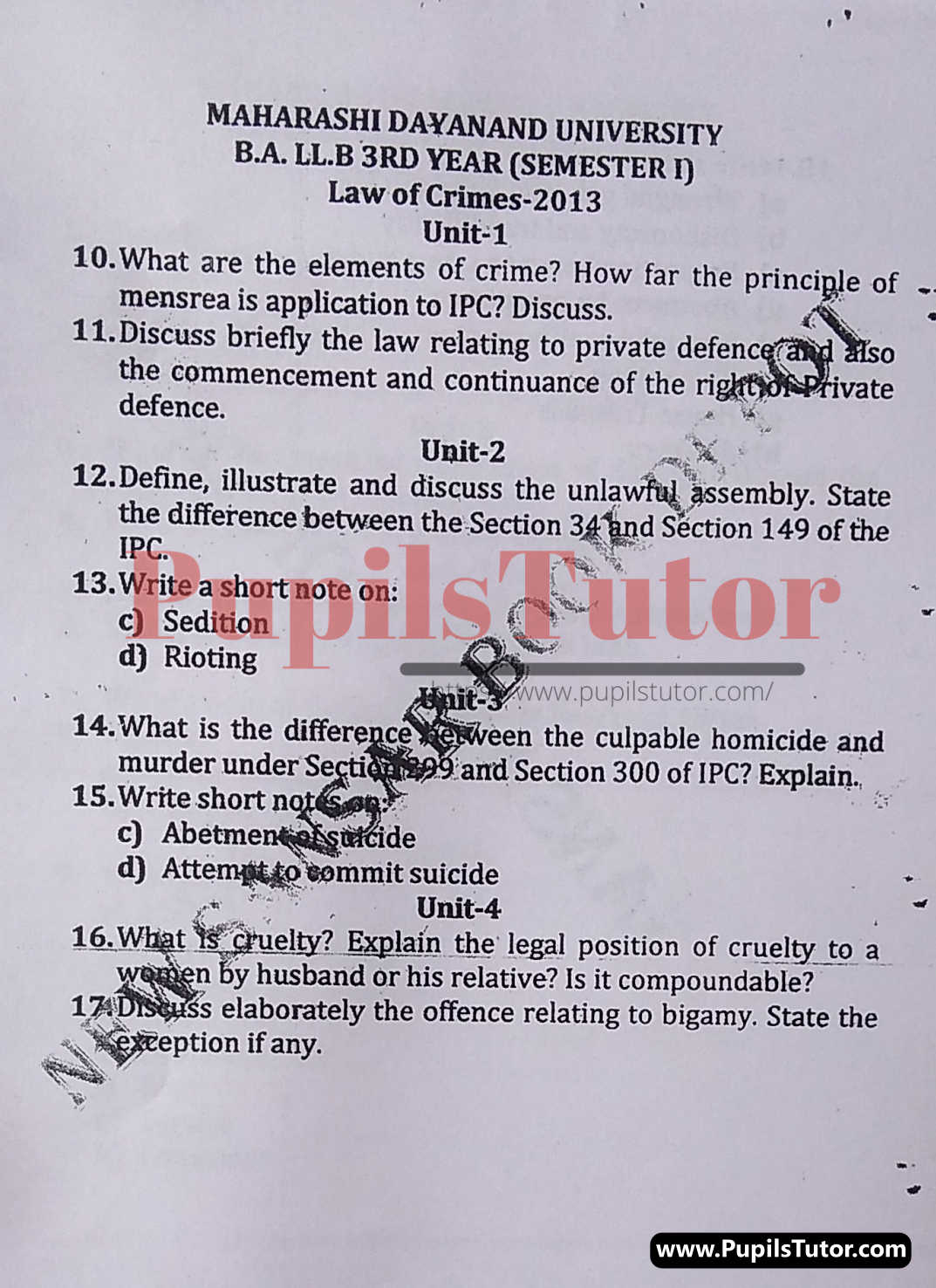 MDU (Maharshi Dayanand University, Rohtak Haryana) LLB Regular Exam (Hons.) First Semester Previous Year Law Of Crimes Question Paper For 2013 Exam (Question Paper Page 1) - pupilstutor.com