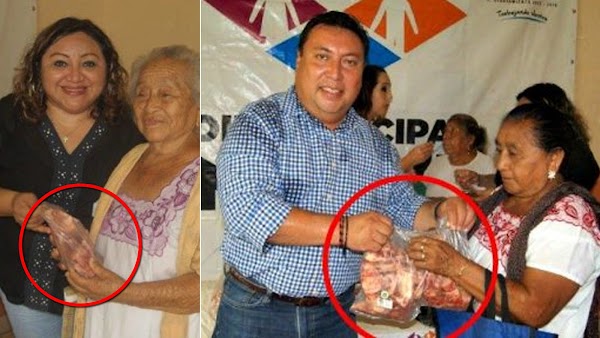 Exhiben a "Alcalde del PAN" repartiendo “huesos con carne” a familias pobres de Yucatán. 
