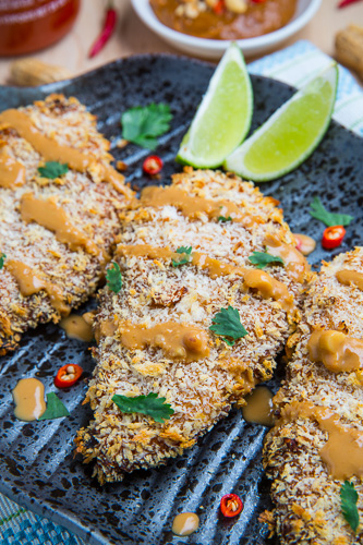 Crispy Baked Thai Peanut Sauce Coated Chicken