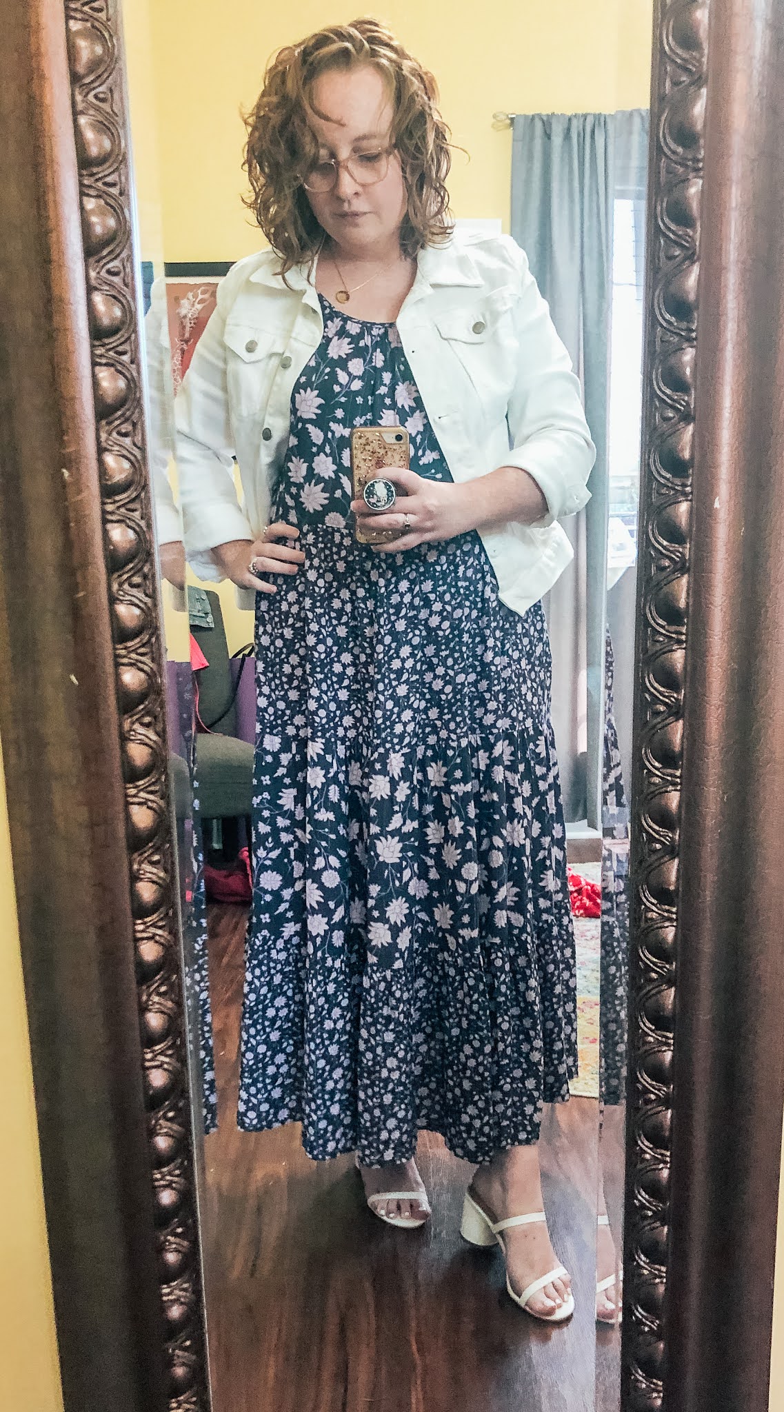 purple-floral-tiered-maxi-dress-white-denim-jacket