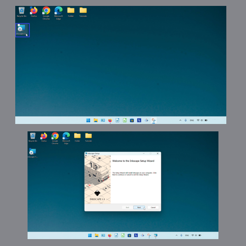 The top image displays the cursor double clicking the "Inkscape setup" shortcut on the Desktop. The bottom image displays the open "Inkscape Setup" window.