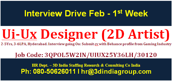 Walkin: Ui-Ux Designer (2D Artist) 2-5Yrs, 3-6LPA, Hyderabad. Interview going On: Submit cv with Behance profile from Gaming Industry Job Code: 3QPOL5W2IN/UIUX25Y36LH/30120