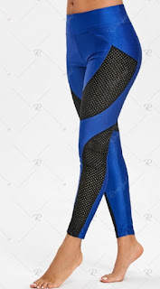 Sheer Workout Leggings with Mesh Panel - Blue - L