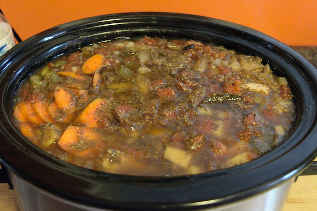 The beef and barley stew after cooking for 4 hours.